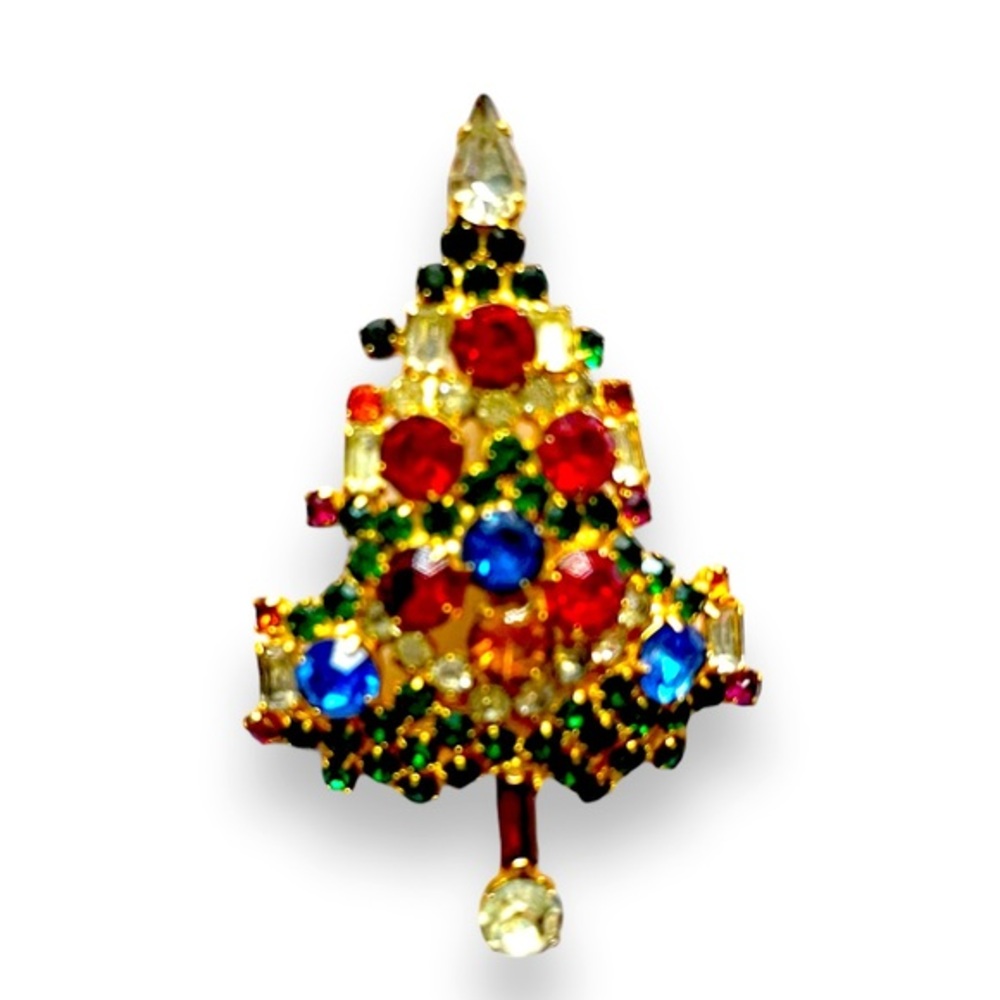 VINTAGE SIGNED JOSEPH WARNER CHRISTMAS TREE RHINESTONE BROOCH XMAS PIN